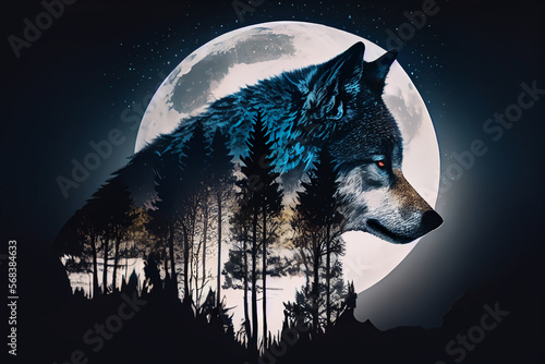 Doppelbelichtung von einem Wolf und seinen natürlichen lebensraum den Wald isoliert auf weißen Hintergrund mit Mond mit Platzhalter - Generative Ai photo