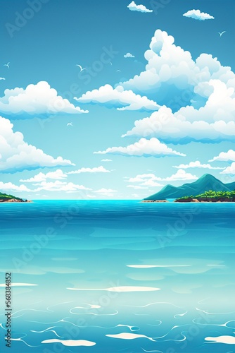 cartoon illustration, seascape with calm water surface and clouds in the blue sky, ai generative