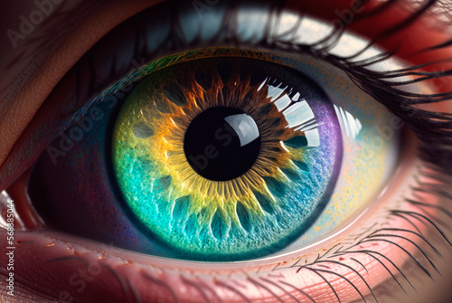 Close-up of a woman's eye with multicolored iris. Generative AI