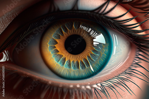 Close-up of a woman s eye with multicolored iris. Generative AI