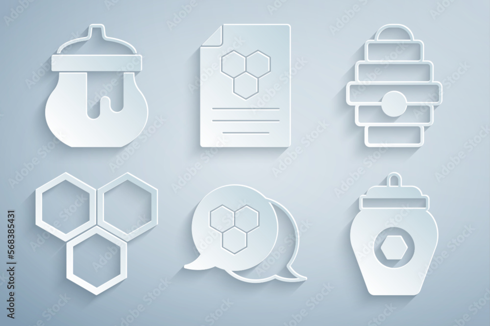 Set Honeycomb, Hive for bees, Jar of honey, and icon. Vector Set Honeycomb, Hive for bees, Jar of honey, and icon. Vector