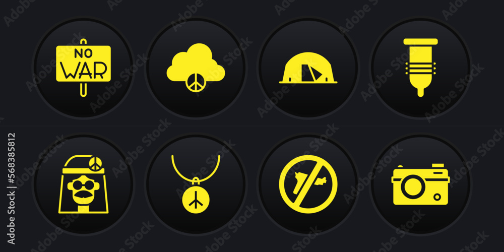 Set Hippie girl, Condom, Necklace with peace symbol, No war, Tourist tent, Peace cloud, Photo camera and icon. Vector Set Hippie girl, Condom, Necklace with peace symbol, No war, Tourist tent, Peace cloud, Photo camera and icon. Vector