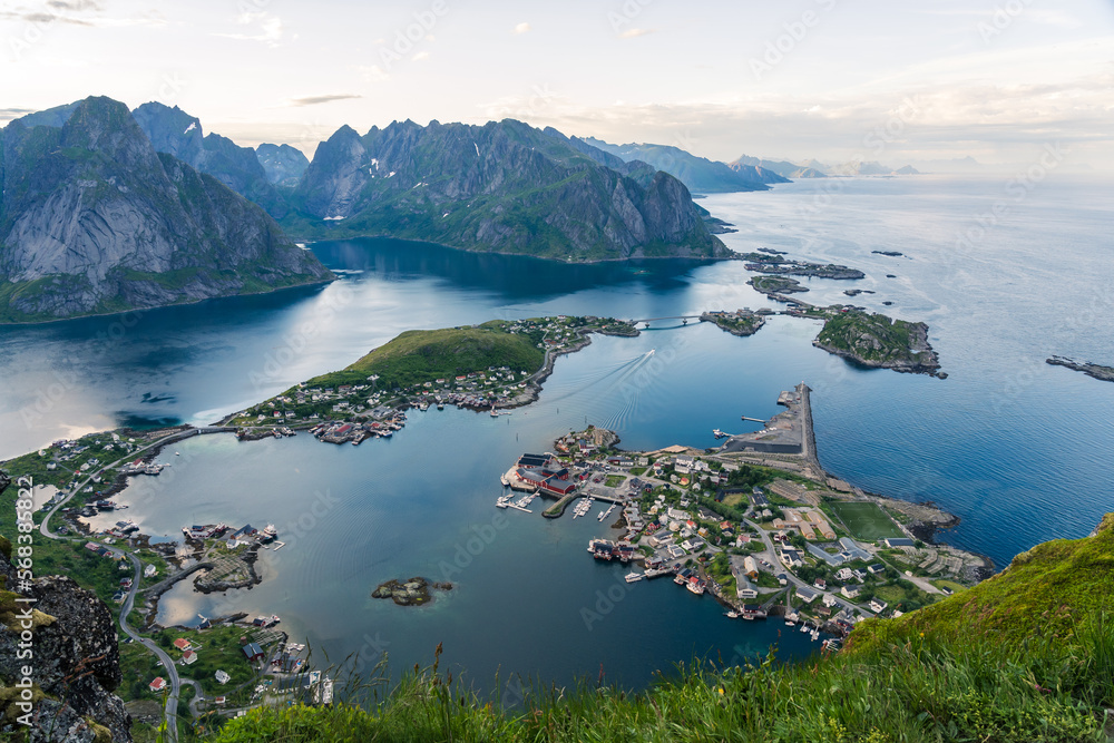 Famous view of norwegian fishing village Reine on Lofoten islands captured from Reinebringen view point