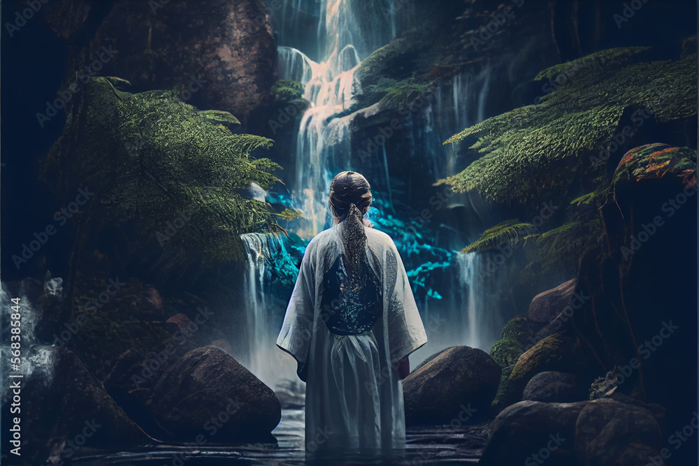 shamanic man meditating near waterfall. Calming background. unity with nature energy concept, back view. Dreamy spiritual concept. High quality ai generated illustration