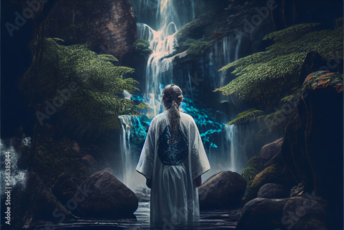 shamanic man meditating near waterfall. Calming background. unity with nature energy concept, back view. Dreamy spiritual concept. High quality ai generated illustration © Imaginarium_photos