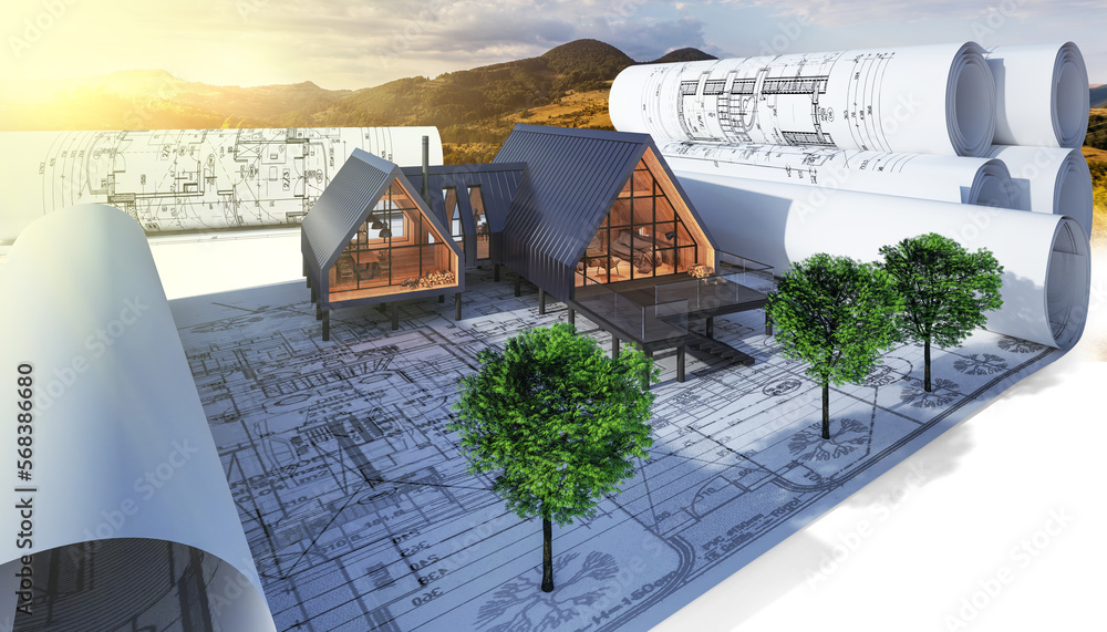 Bauplannung an einem energieeffizienten Gebäude in moderner Architektur (Berglandschaft im Hintergrund) - 3D Visualisierung