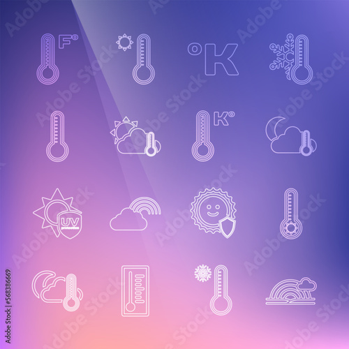 Set line Rainbow with cloud, Meteorology thermometer, Thermometer and moon, Kelvin, sun, and icon. Vector
