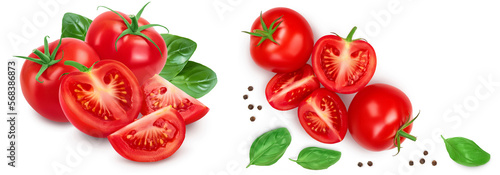 Tomato slices with basil leaf isolated on white background. Top view with copy space for your text. Flat lay