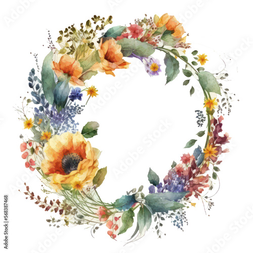 Watercolor of flowers wreath. Circle of mixed flower wreath. Watercolour art about summer flowers. Wreath of colourful flowers on transparent background. Generative AI.
