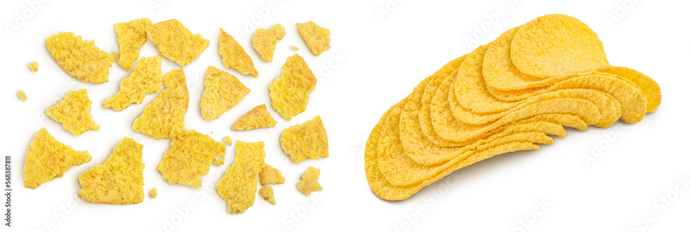 Potato chips isolated on white background with full depth of field. Top view. Flat lay.