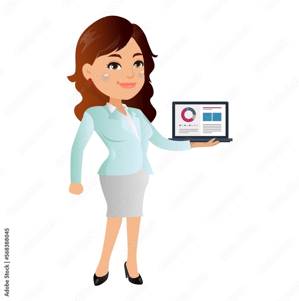 Businesswoman character holding laptop notebook Businesswoman character holding laptop notebook