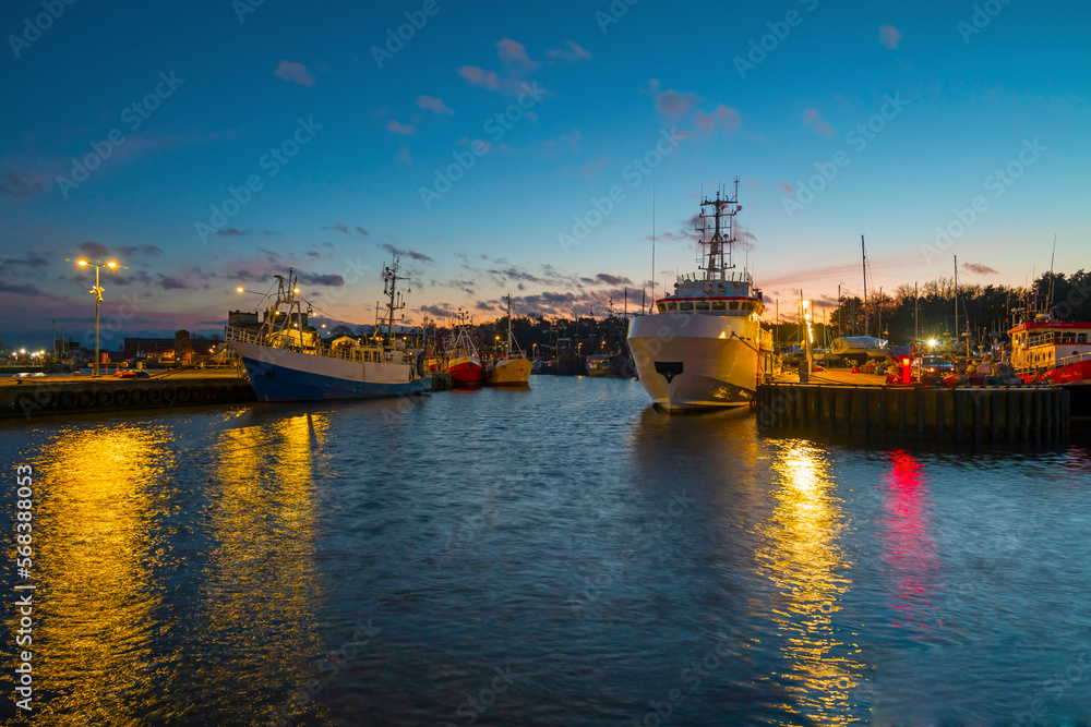 Ustka, Poland - 06.01.2023: Panorama of Ustka at night. Ustka, Pomerania