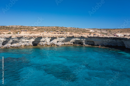 Drone photo of Sea Caves area in Cape Greco National Forest Park in Cyprus