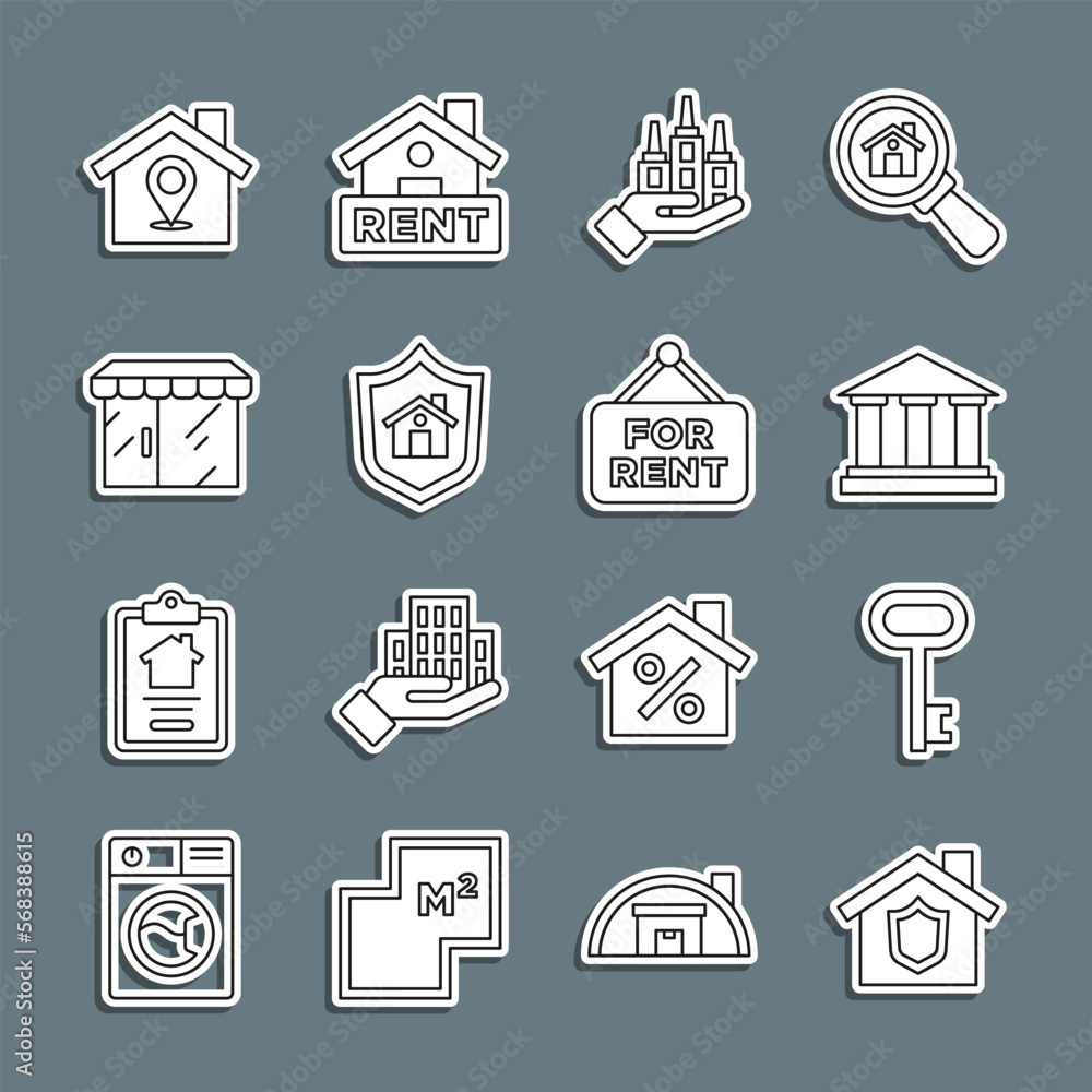 Set line House with shield, key, Museum building, Skyscraper, Market store, Location house and Hanging sign For Rent icon. Vector Set line House with shield, key, Museum building, Skyscraper, Market store, Location house and Hanging sign For Rent icon. Vector