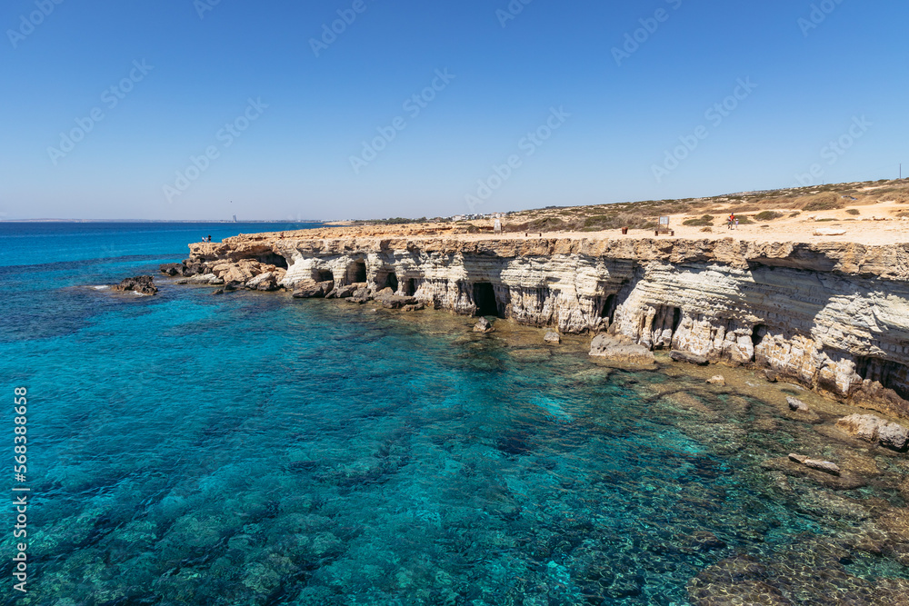 Drone photo of Sea Caves area in Cape Greco National Forest Park in Cyprus