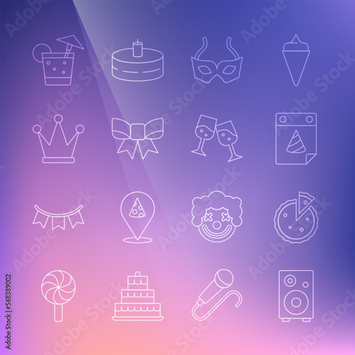 Set line Stereo speaker  Homemade pie  Calendar party  Festive mask  Gift bow  Crown  Cocktail and Glass of champagne icon. Vector