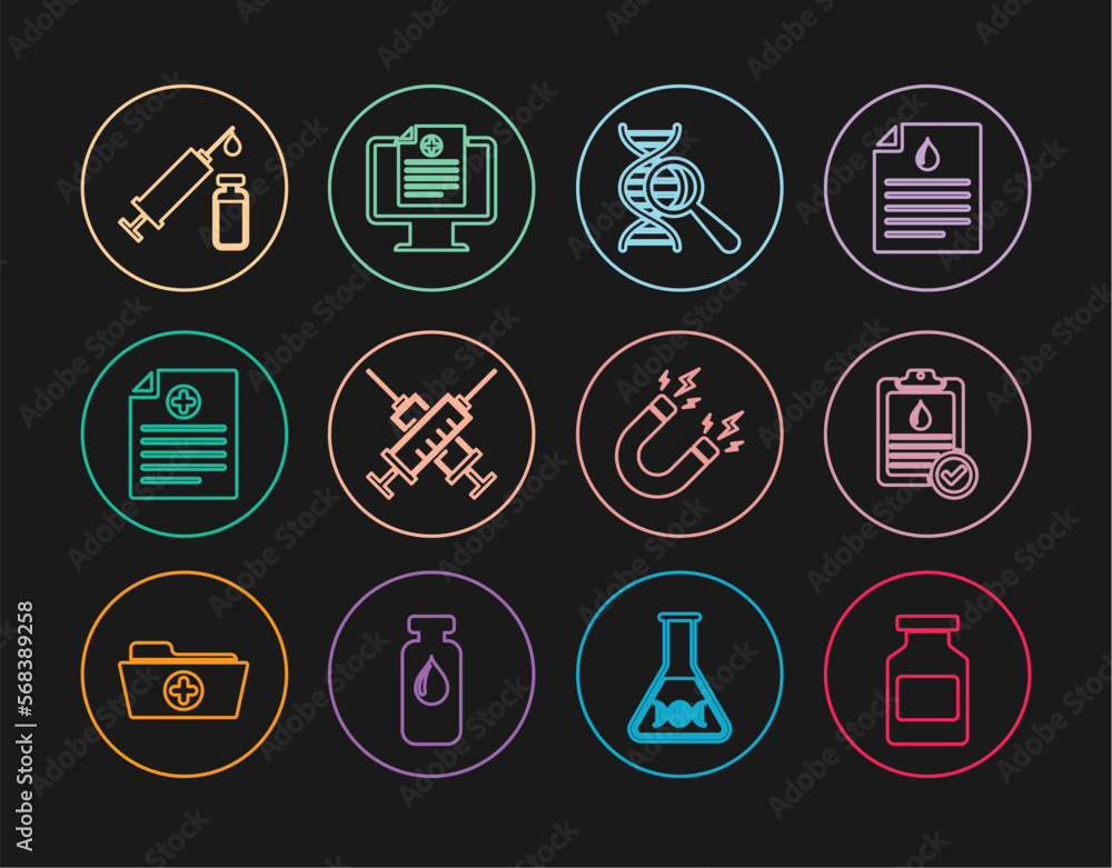 Set line Medicine bottle, Clipboard with blood test, DNA research, search, Crossed syringe, Clinical record, Medical and vial, Magnet lightning and on monitor icon. Vector Set line Medicine bottle, Clipboard with blood test, DNA research, search, Crossed syringe, Clinical record, Medical and vial, Magnet lightning and on monitor icon. Vector