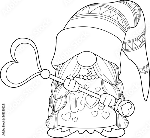 Outlined Cute Female Gnome Cartoon Character Holding A Magic Wand Of Love. Vector Hand Drawn Illustration Isolated On Transparent Background