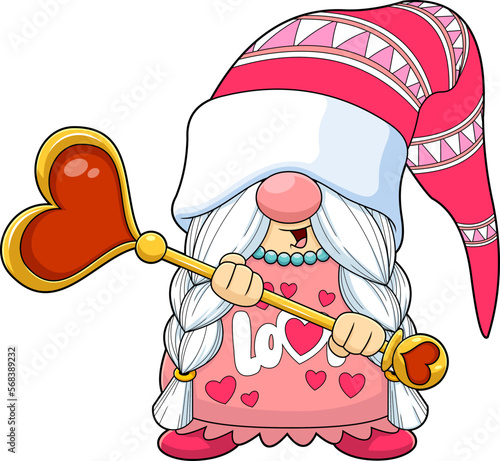 Cute Female Gnome Cartoon Character Holding A Magic Wand Of Love. Vector Hand Drawn Illustration Isolated On Transparent Background
