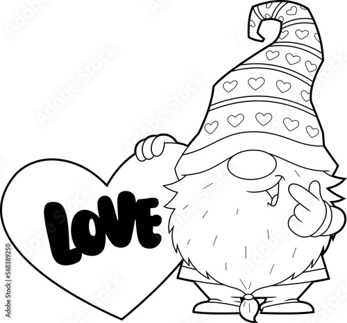 Outlined Cute Gnome Lover Cartoon Character Holding A Heart With Text Love. Vector Hand Drawn Illustration Isolated On Transparent Background