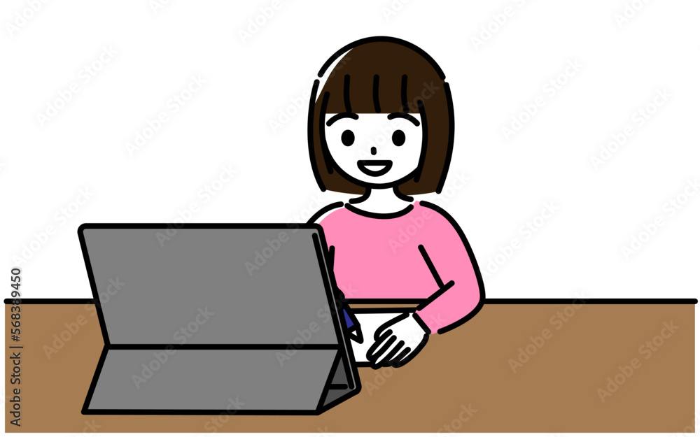 笑顔でタブレット学習をする小学生の女の子 笑顔でタブレット学習をする小学生の女の子