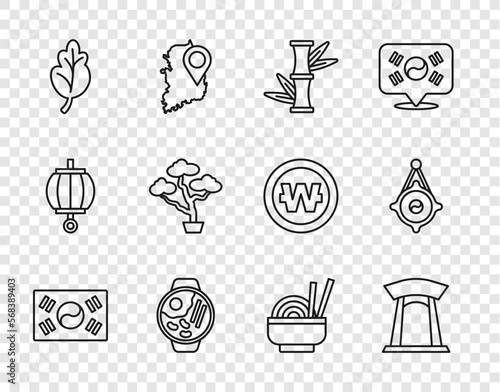 Set line South Korea flag, Korean gate, Bamboo, Ramen, Kimchi, Bonsai tree, Asian noodles in bowl and lantern icon. Vector