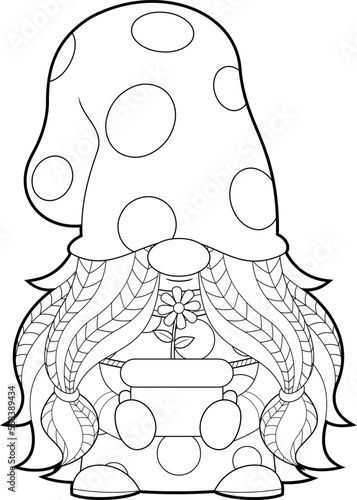 Outlined Cute Female Gnome Cartoon Character Holding A Flower Pot. Vector Hand Drawn Illustration Isolated On Transparent Background