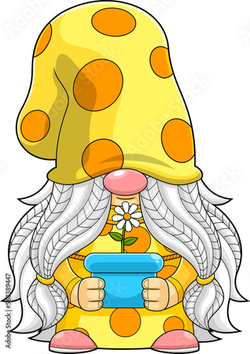 Cute Female Gnome Cartoon Character Holding A Flower Pot. Vector Hand Drawn Illustration Isolated On Transparent Background
