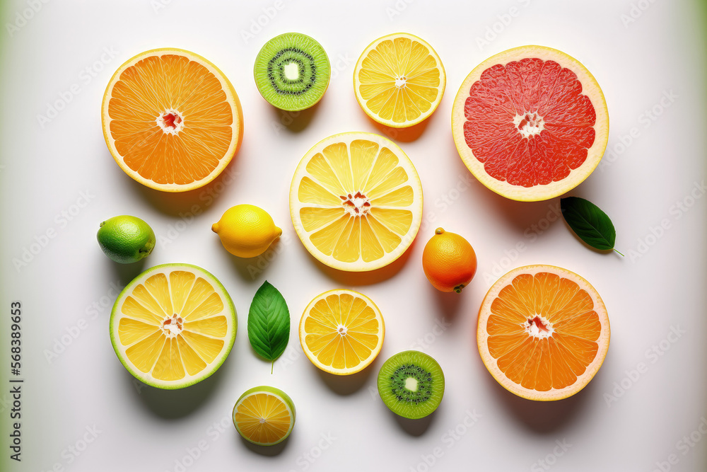 Background Fruit. Fruit in various colors on a white table. Grapefruit, orange, kiwi, lime, and tangerine. top perspective, copy space, and a flat lay. Generative AI