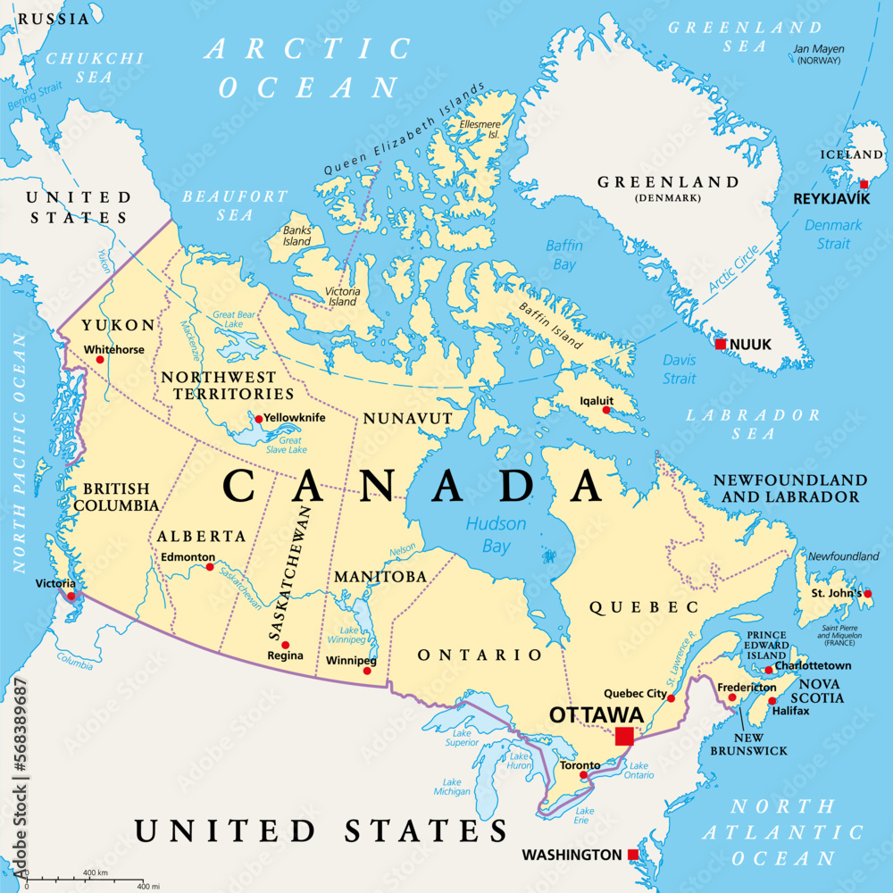 Fototapeta premium Canada, administrative divisions, political map. The ten provinces and three territories of Canada, with their borders and capitals. Country in North America, and second largest country of the world.