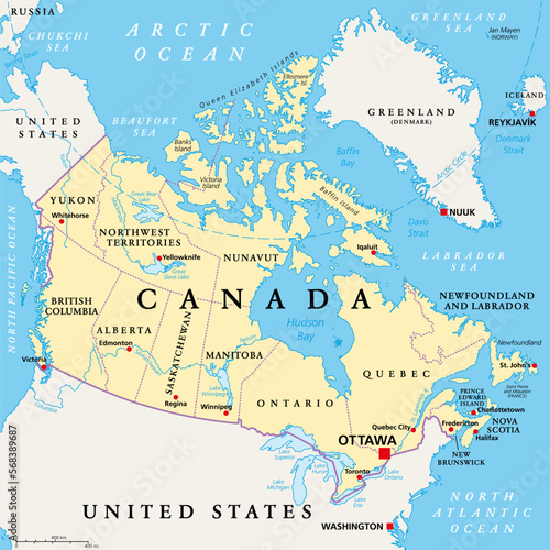 Canada, administrative divisions, political map. The ten provinces and three territories of Canada, with their borders and capitals. Country in North America, and second largest country of the world.