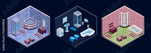 A set of isometric interiors. Bathroom with Jacuzzi, relaxation room, spa, swimming pool, massage, shower. Open cubes without a ceiling, a view of the apartment from above. Vector graphics.
