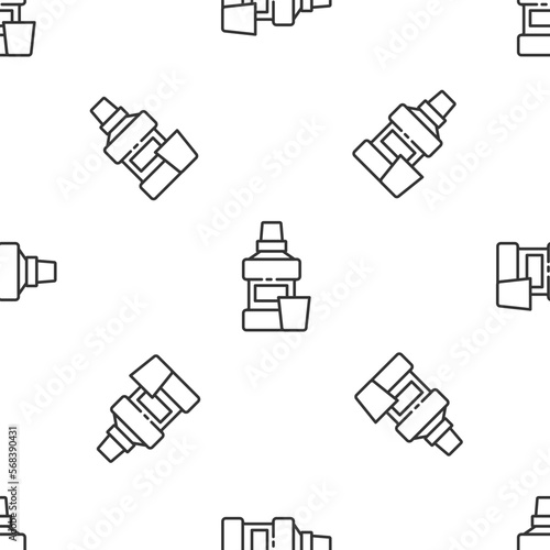Grey line Mouthwash plastic bottle and glass icon isolated seamless pattern on white background. Liquid for rinsing mouth. Oralcare equipment. Vector