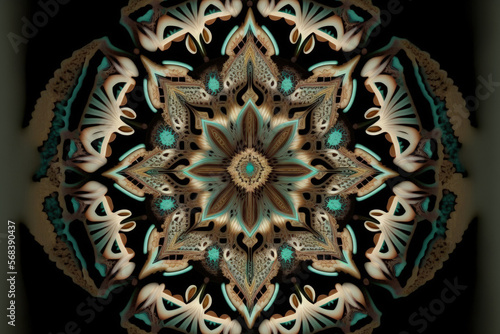 geometric decoration in a symmetrical design; kaleidoscope backdrop. Generative AI