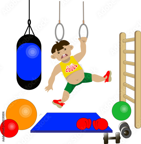 A fat man in the gym trains on gymnastic rings. The boy is upset