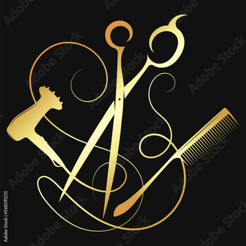 Gold scissors comb and electric hair dryer. Beauty salon and barbershop design