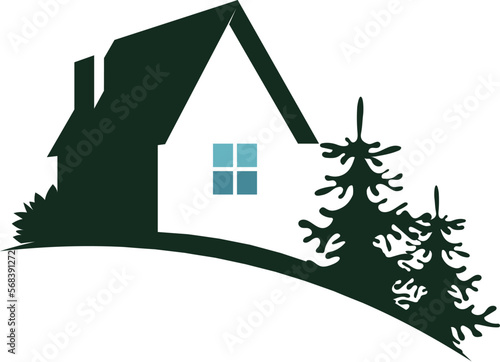 Silhouette of a house and green pine trees, a symbol of the construction and repair of a house