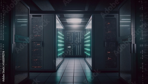 Modern interior server room data center. Connection and cyber network in dark servers. Backup, mining, hosting, mainframe, farm, cloud and computer rack with storage information. Generative AI