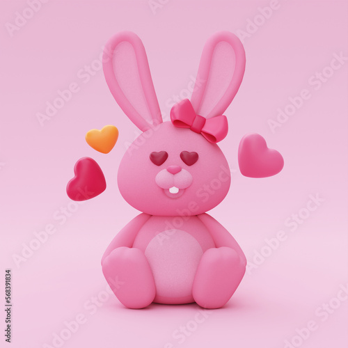 3d Cute teddy bunny with heart-shape balloons isolated on pink background. Element decor for Valentine's Day, easter'day, Mother's Day or birthday. 3d rendering.