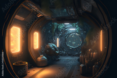 Space station laboratory, Futuristic architecture. Science background fiction interior sci-fi spaceship corridors. Gen Art