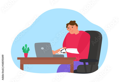 man with prosthetic arm bionic hand using laptop working internet at home vector illustration