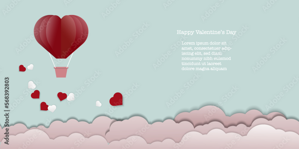 Pink heart balloon on blue sky with white clouds background , pastel paper cut style , Vector illustration , love and Valentine's day Concept