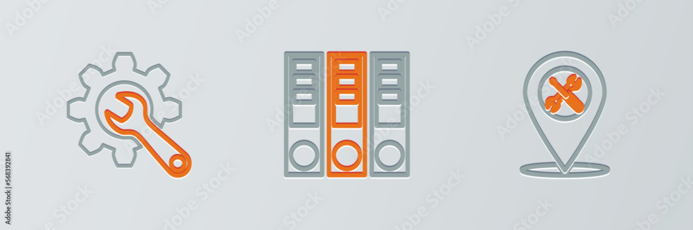 Set line Location service, Wrench and gear and Office folders icon. Vector Set line Location service, Wrench and gear and Office folders icon. Vector