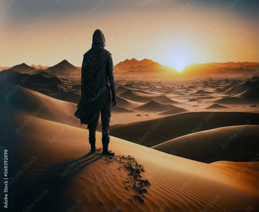 Man alone in the desert, rear view, sand dunes and sunset sky. AI generative Man alone in the desert, rear view, sand dunes and sunset sky. AI generative