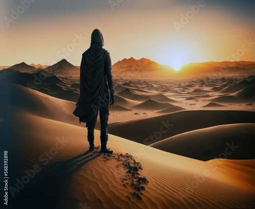 Man alone in the desert, rear view, sand dunes and sunset sky. AI generative