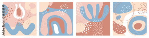 Square backgrounds with abstract organic shapes in pastel colors. Covers with natural spots, groups of dots and lines. Set of templates for social media, wall art. Flat style, vector illustration.