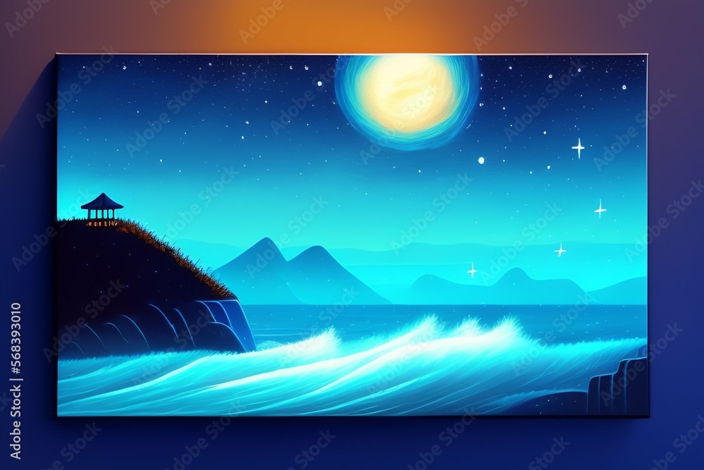 Fototapeta premium a drawing of a dreamlike landscape of an ocean, and stars in a night sky, in the style of adventure time. Generative Ai concept