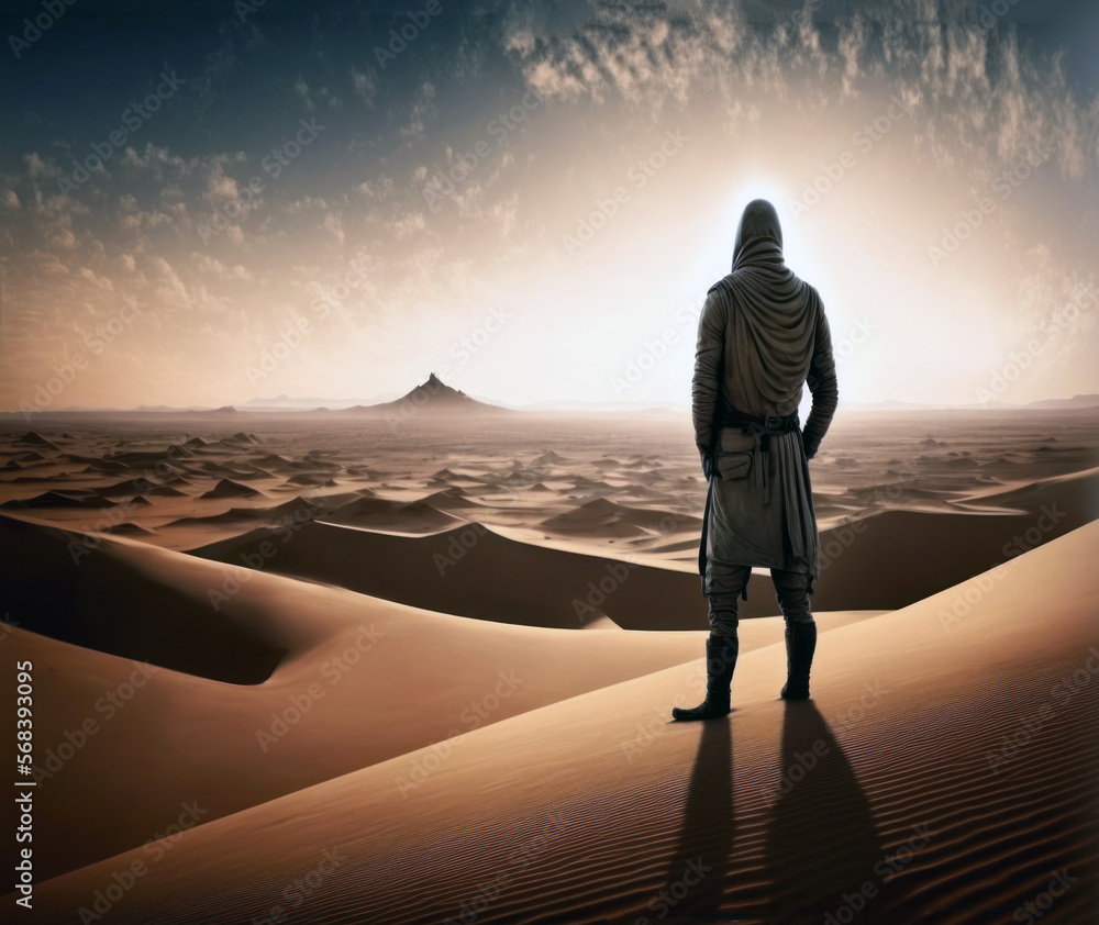 Man alone in the desert, rear view, sand dunes and sunset sky. AI generative Man alone in the desert, rear view, sand dunes and sunset sky. AI generative