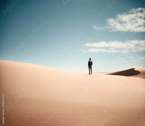 Man alone in the desert  rear view  sand dunes and blue sky. AI generative