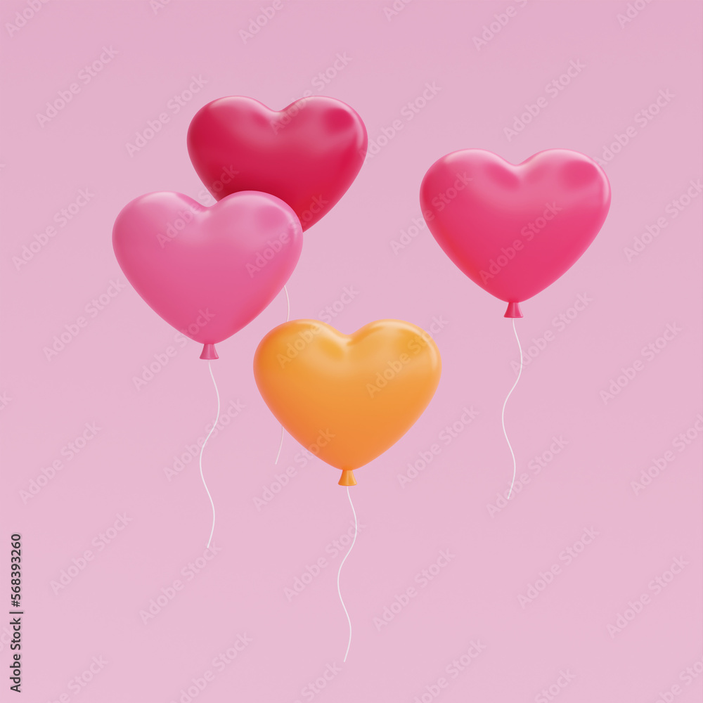 3d Heart-shape balloons floating isolated on pink background. Element decor for Valentine's Day, Mother's Day or birthday. 3d rendering.
